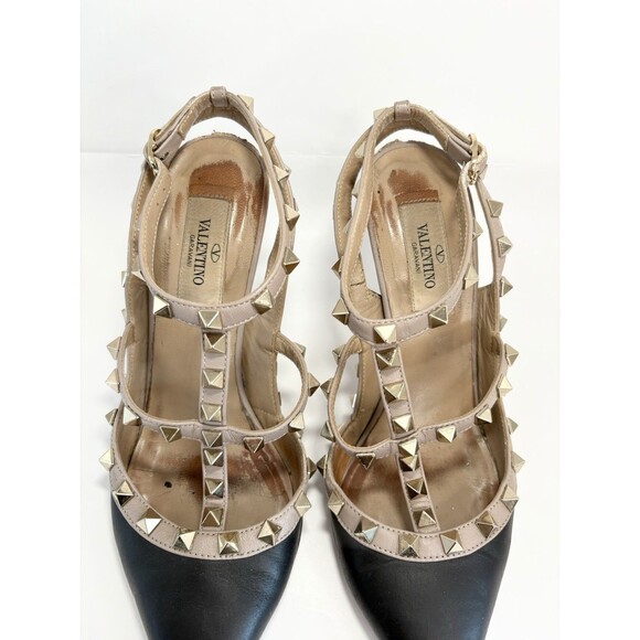 Valentino Garavani Rockstud Ankle Strap Pump Black w/ Gold Studs Sz EU 37.5 - Picture 7 of 16
